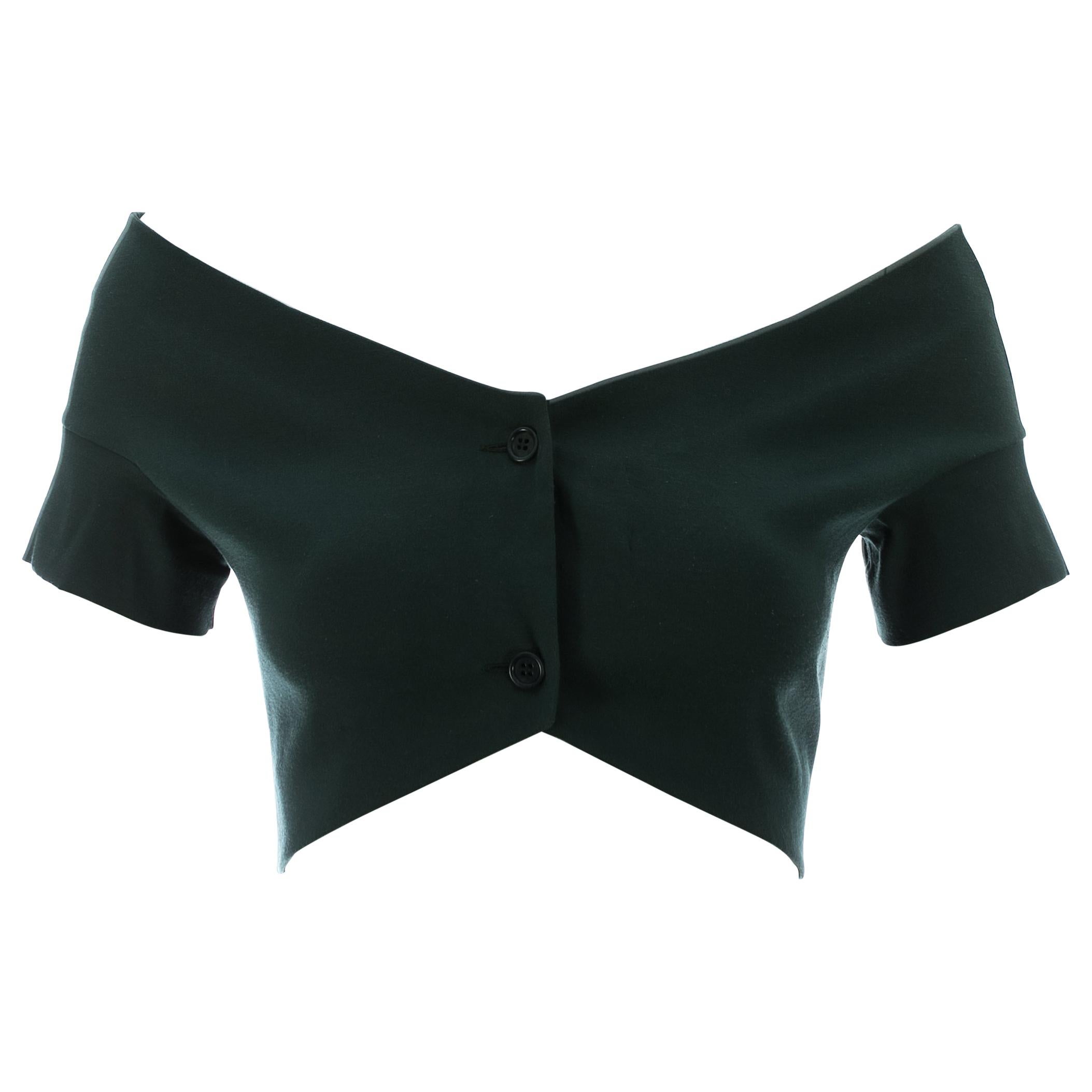 Romeo Gigli bottle green cotton spandex off the shoulder crop top, ca. 1990