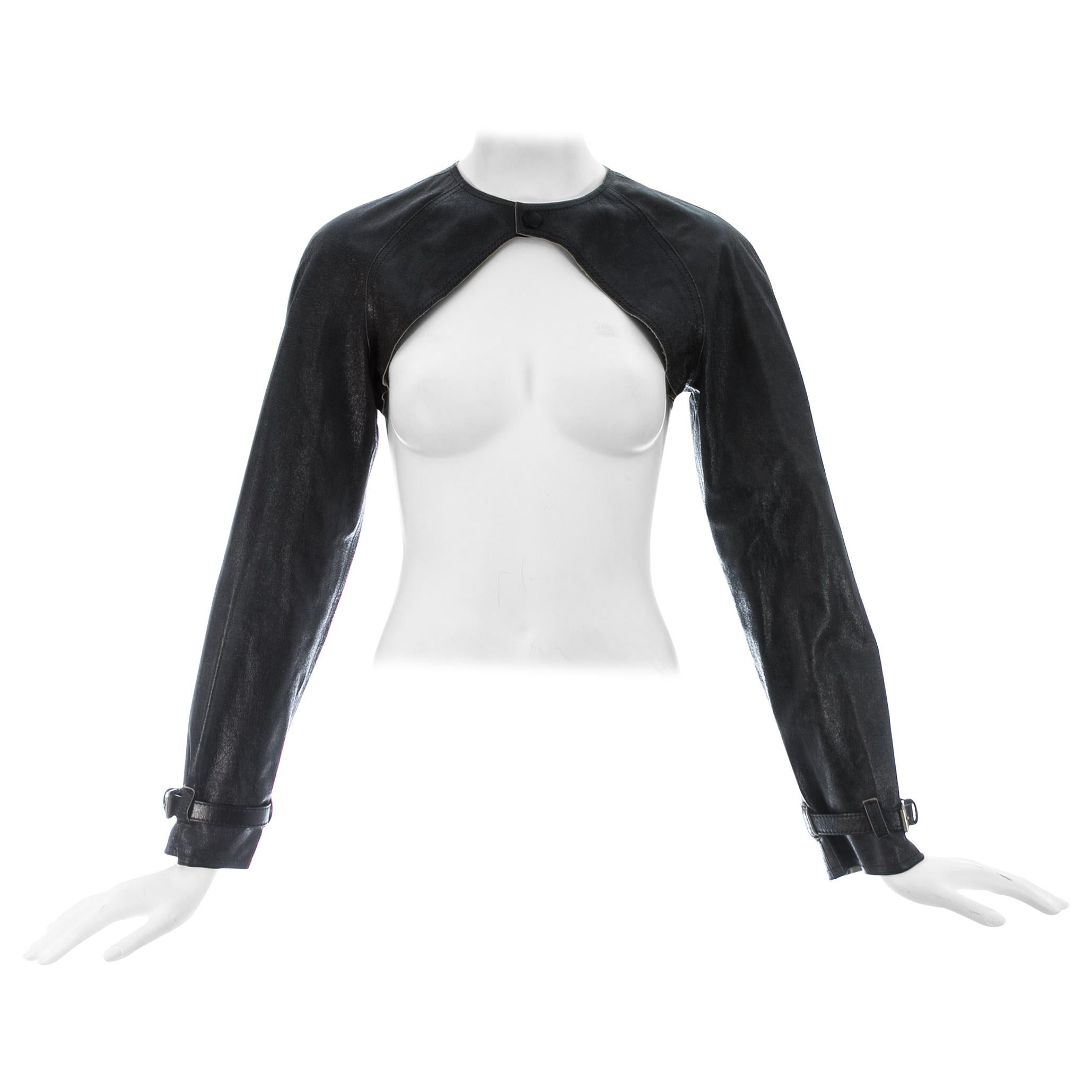 Jean Paul Gaultier black leather raglan sleeve cropped jacket, ca. 2001 For Sale