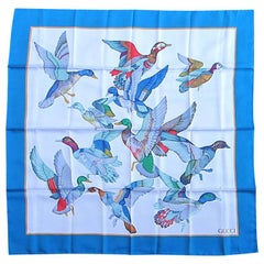  Gucci Silk blue Scarf Flock of Flying birds, NEW, Never worn 1990's