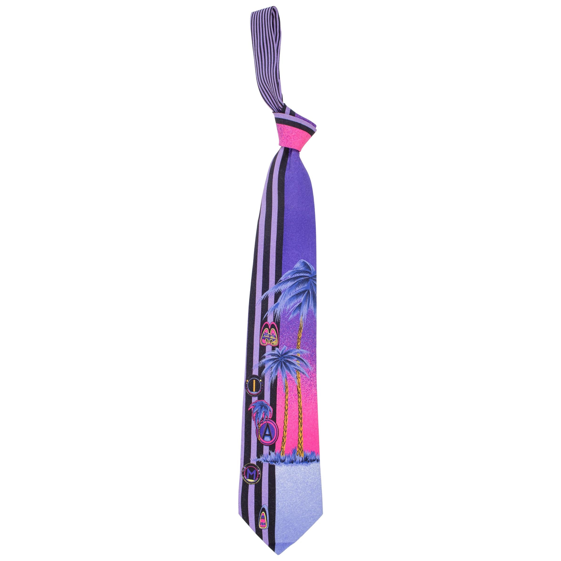 1990s Gianni Versace Purple Miami Tie With Palm Trees