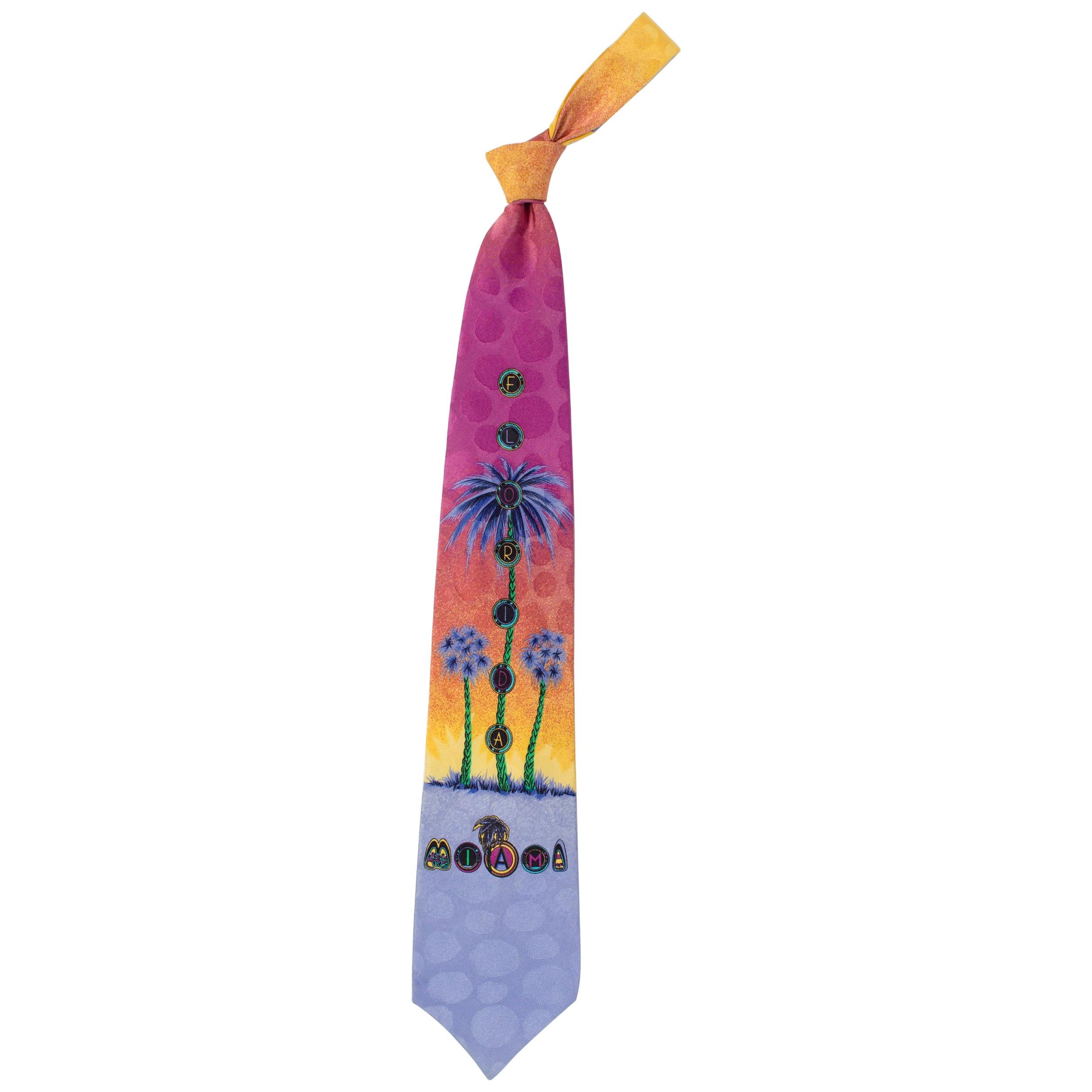 1990s Gianni Versace Purple Sunset Miami Tie With Palms