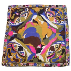 Late 1990s Emilio Pucci Brown, Pink and Forest Green Printed Silk Scarf