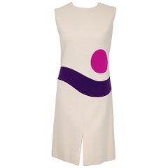 1966 Pierre Cardin Op-Art Ivory Purple Pink Wool Sleeveless Mod Space Age Dress