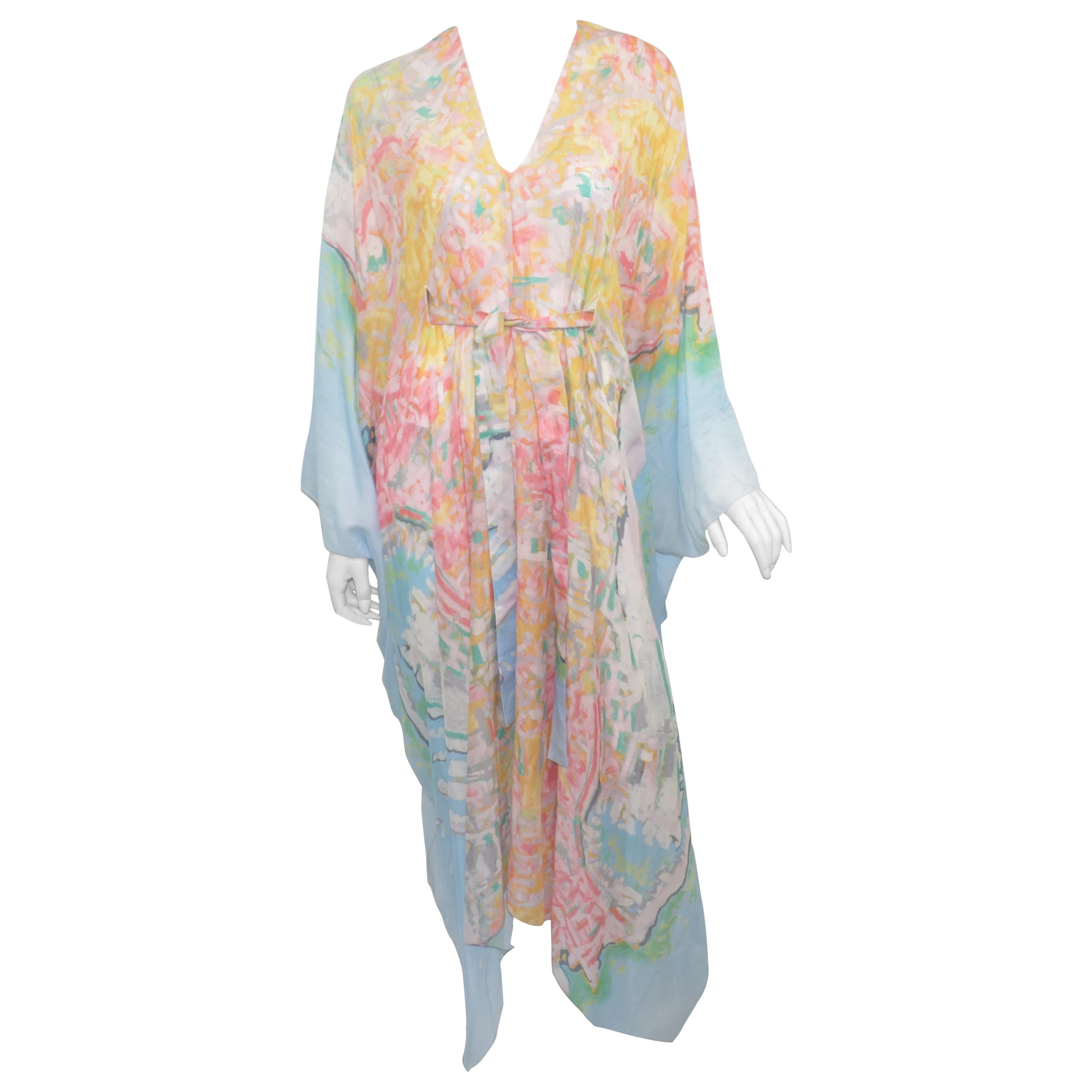 Chanel - Robe longue caftan aquarelle en soie mélangée en vente