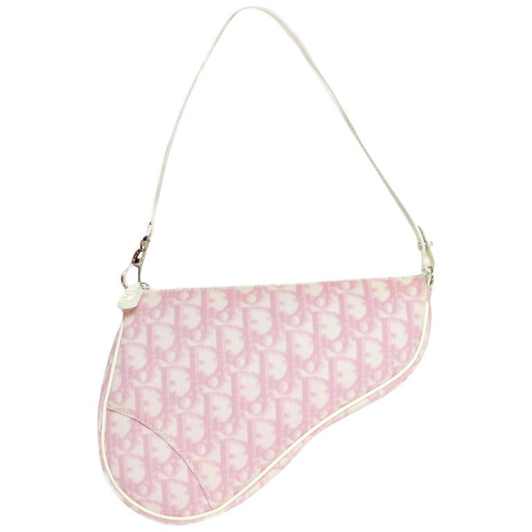 Christian Dior Pink/White Coated Canvas/Patent Trim Monogram Saddle Pochette Bag For Sale at 1stdibs