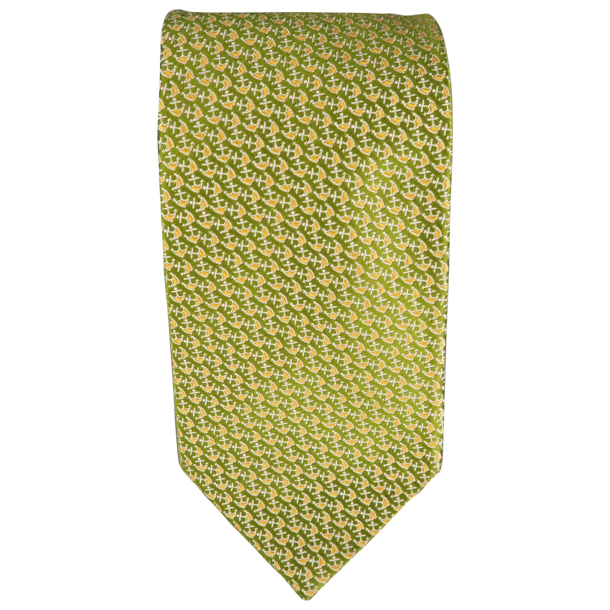 SALVATORE FERRAGAMO Green & Gold Anchor Print Silk Tie