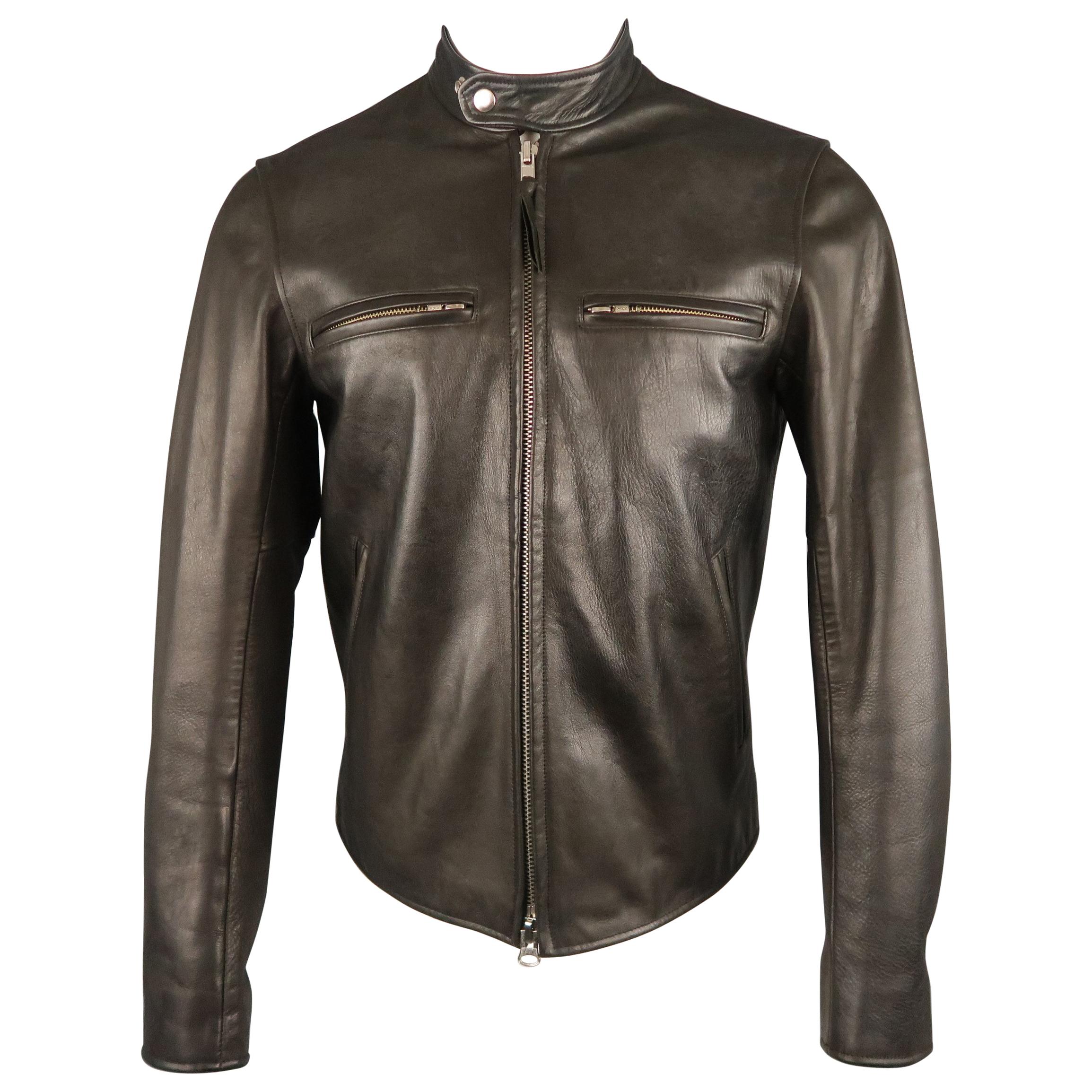 Men's EPAULET M Black Leather Tab Band Collar Biker Jacket