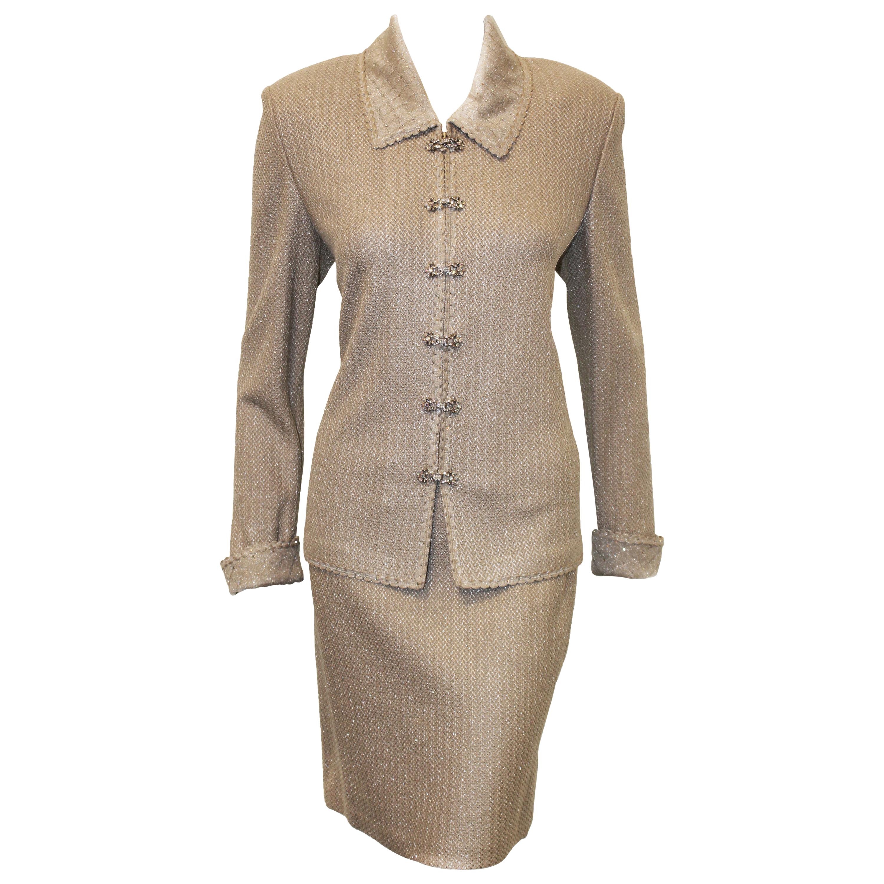 St. John Evening Silver Skirt Suit with Rhinestone Closures