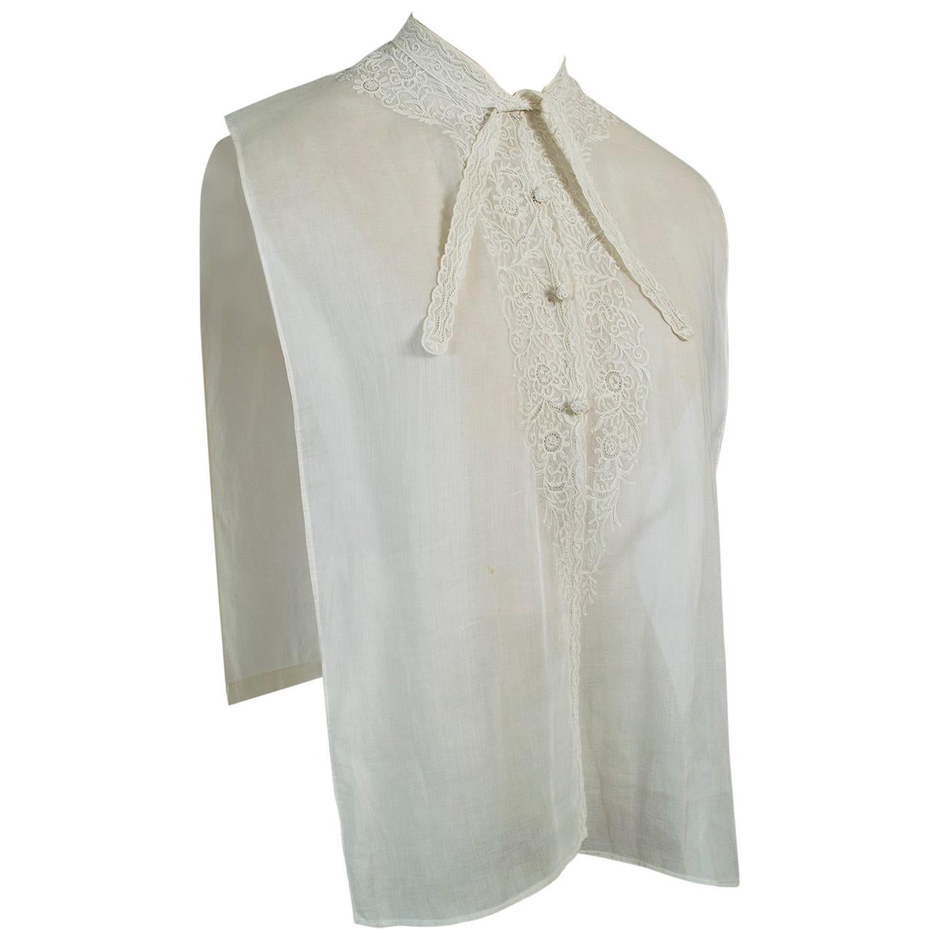 Edwardian Sheer Ecru Tie Neck Crewel Work Neckcloth Shirtfront Dickey-S-M, 1910s For Sale