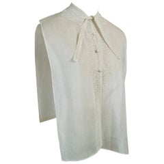 Edwardian Sheer Ecru Tie Neck Crewel Work Neckcloth Shirtfront Dickey-S-M, 1910s