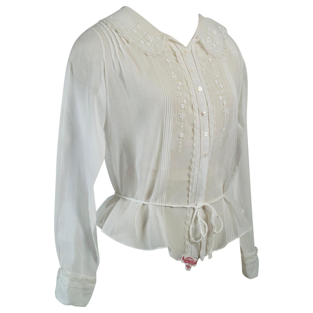 Edwardian White Embroidered Batiste Filet Lace Tie Waist Blouse - XS - S, 1910s