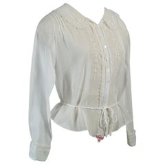 Retro Edwardian White Embroidered Batiste Filet Lace Tie Waist Blouse - XS - S, 1910s