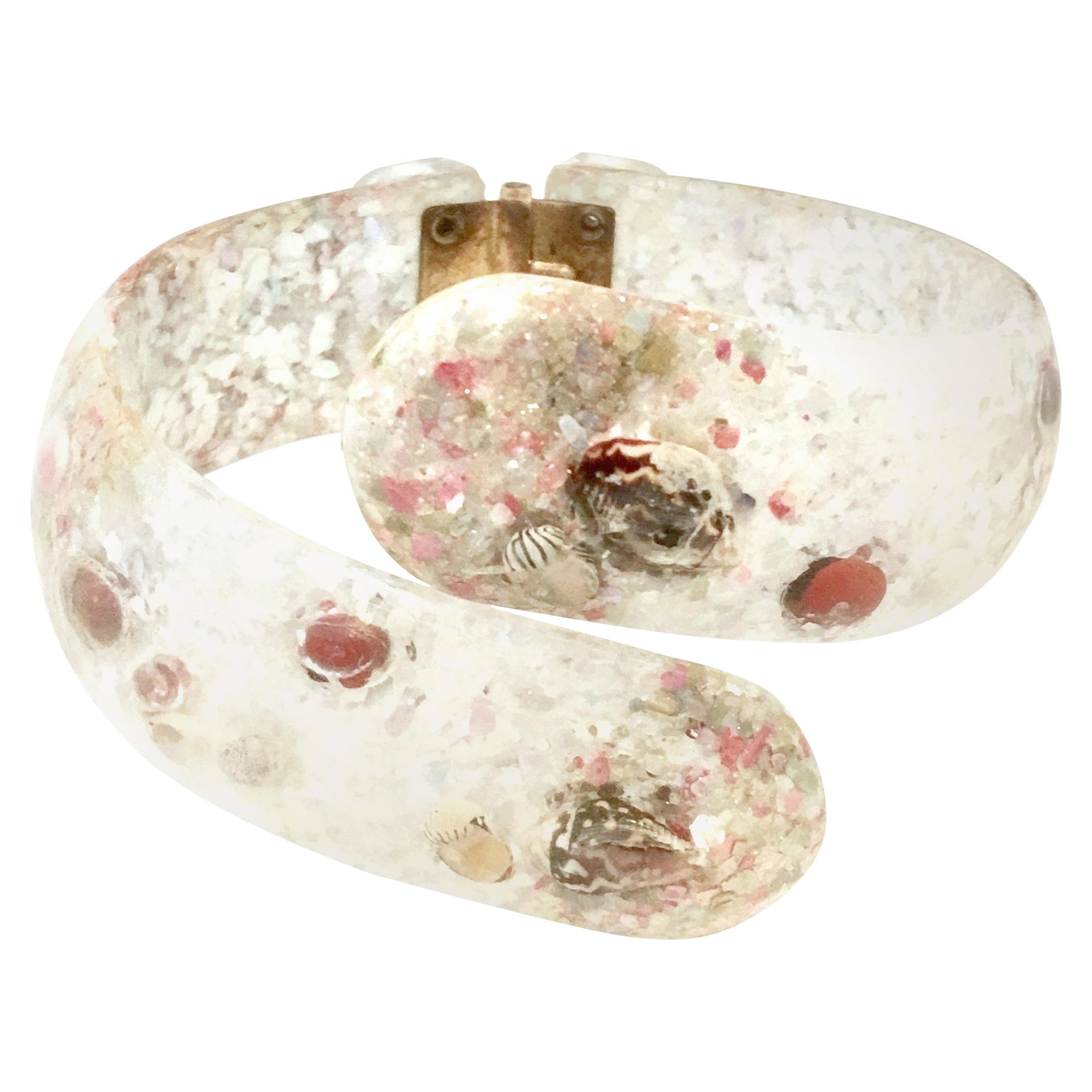 Mid-20th Century Lucite & Shell Confetti Clamper Bracelet For Sale
