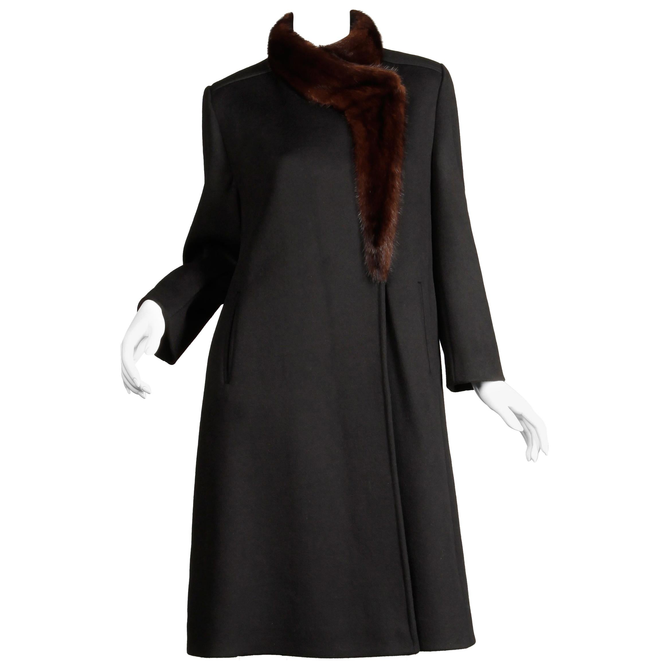 1970s Vintage Black Wool + Brown Asymmetric Mink Fur Classic Coat For Sale