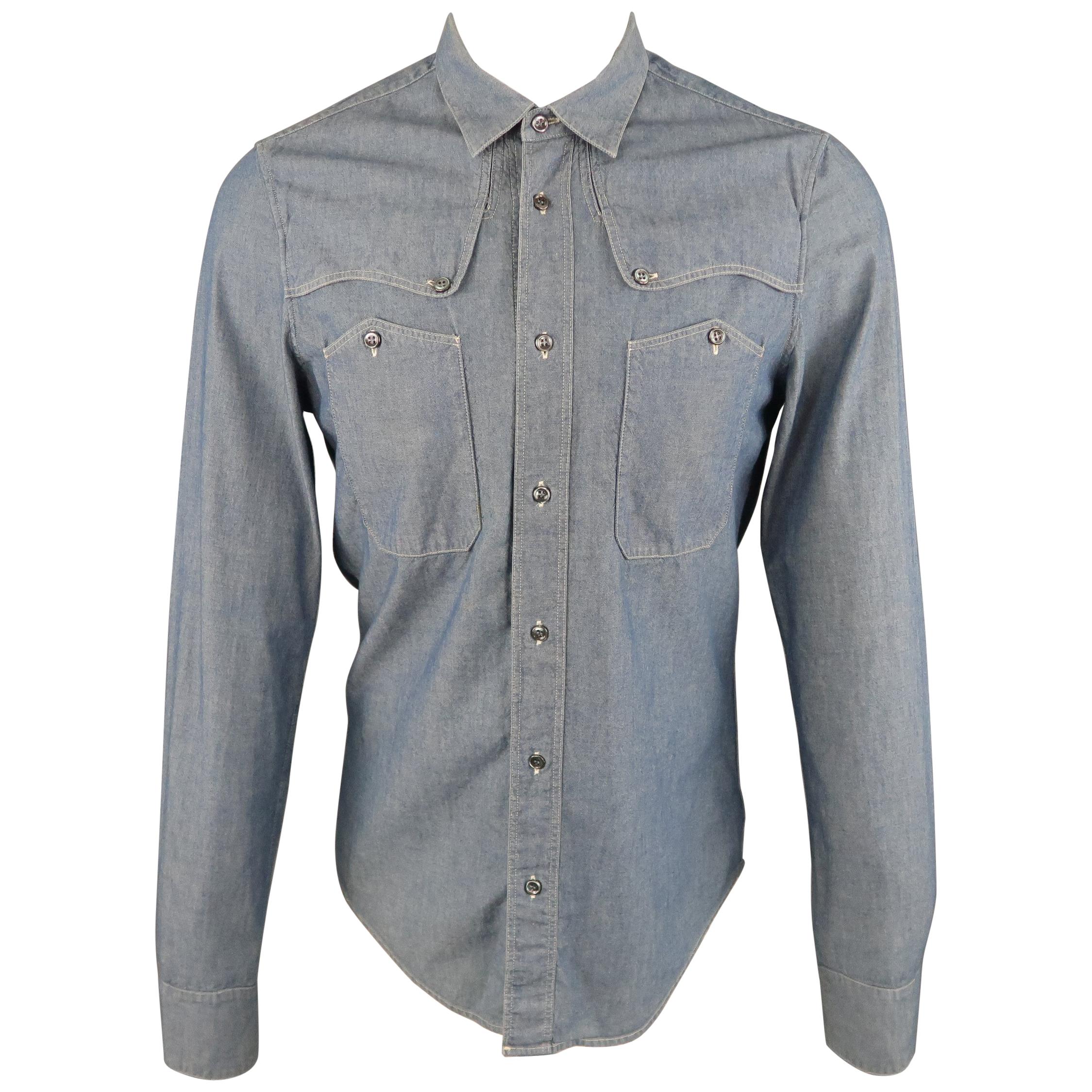 BALENCIAGA Size S Blue Contrast Stitch Chambray Patch Pocket Button Up Shirt