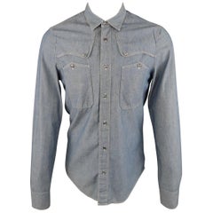 BALENCIAGA Size S Blue Contrast Stitch Chambray Patch Pocket Button Up Shirt