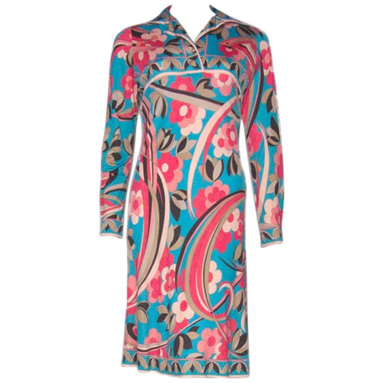 Pucci 1960s Silk Jersey Geometric Floral Dress For Sale