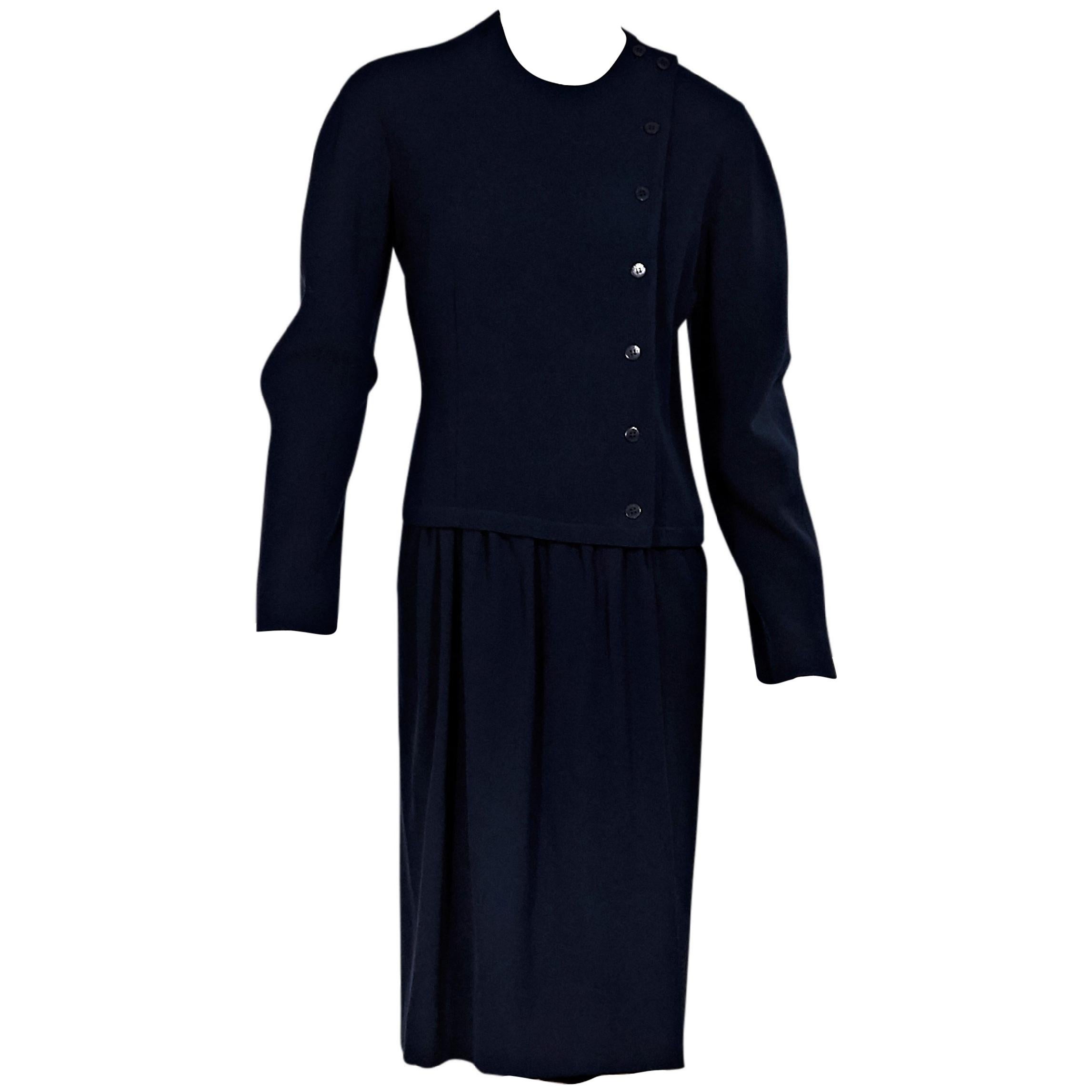 Navy Blue Vintage Hermes Long-Sleeve Wool Dress