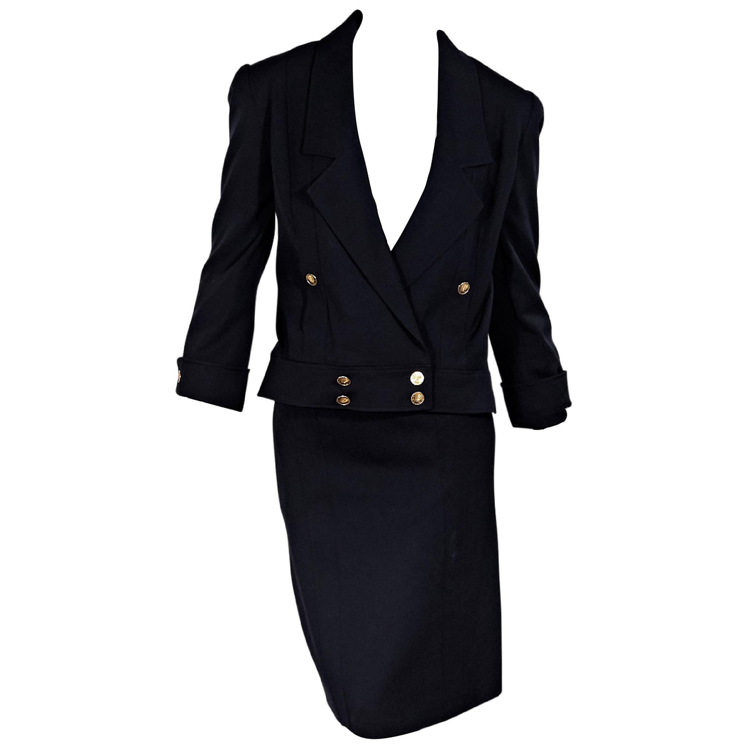 Navy Blue Vintage Chanel Wool Skirt Suit Set