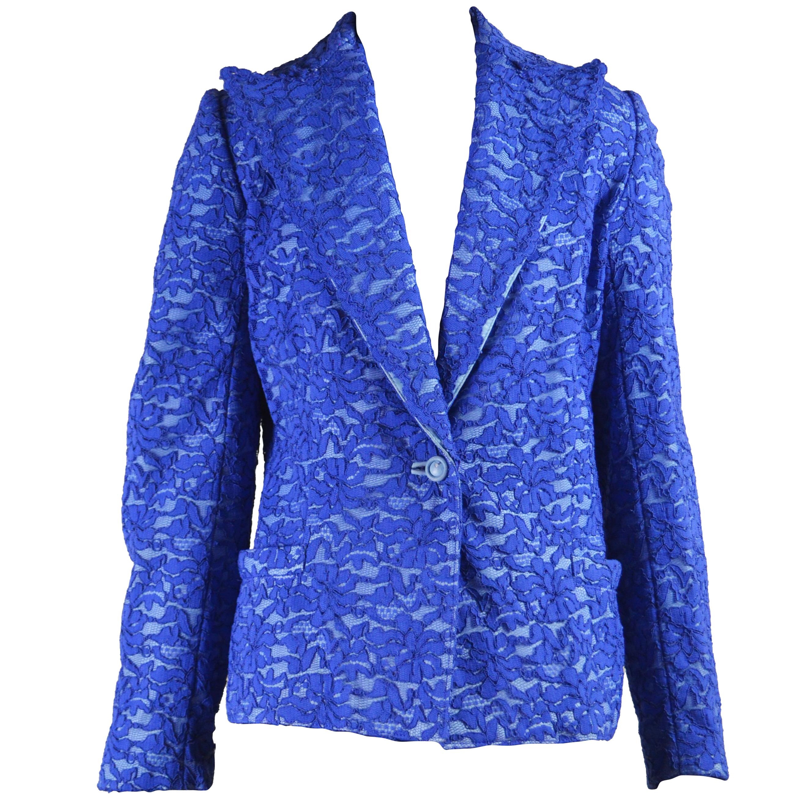 Gianni Versace Blue Lace and Leather Blazer Jacket For Sale