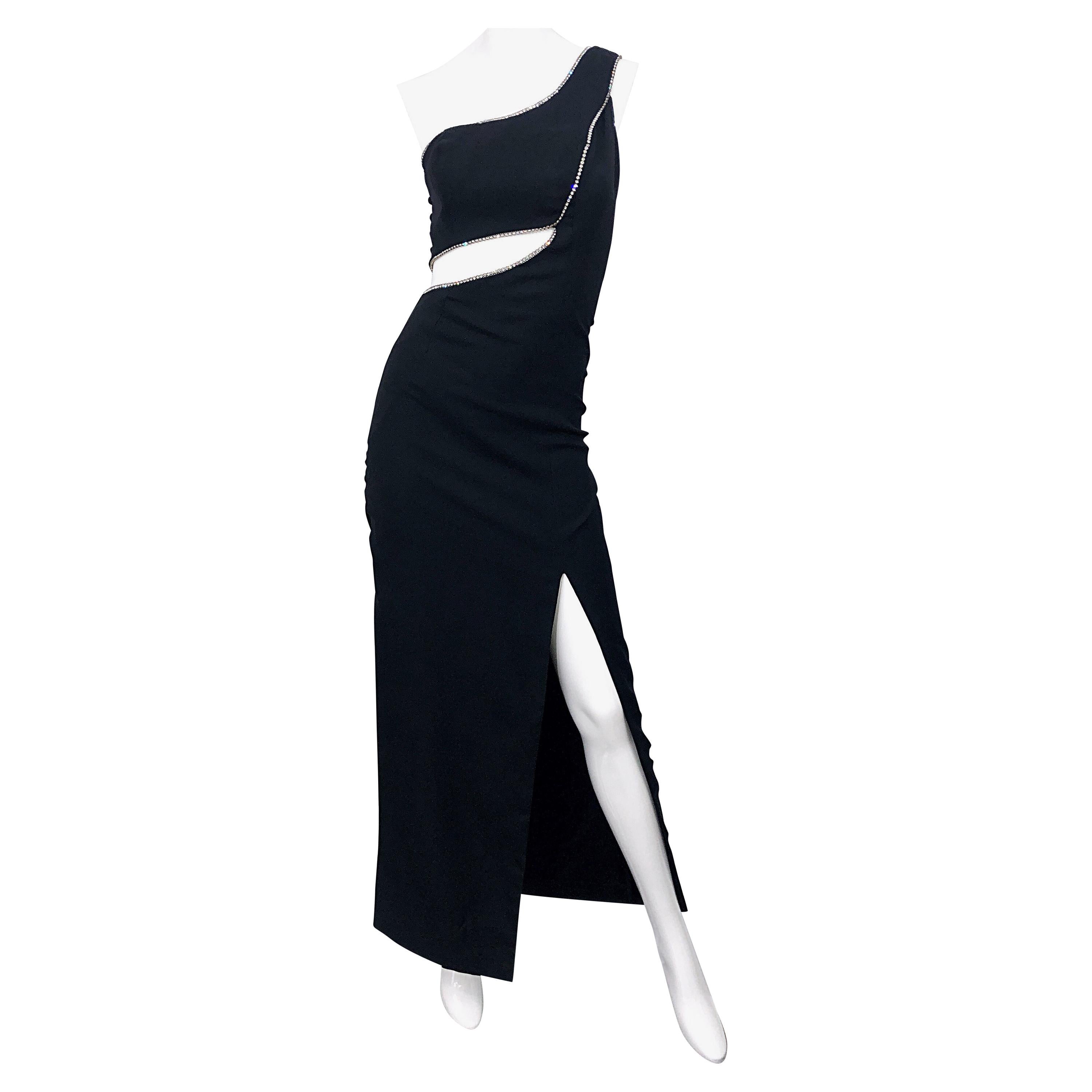 Sexy 1990er Jahre Vintage Schwarz Krepp Rayon + Strass Ein-Schulter-Ausschnitt Kleid im Angebot