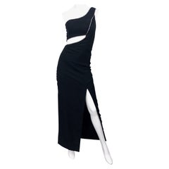 Sexy 1990s Vintage Black Crepe Rayon + Rhinestones One Shoulder Cut - Out Gown