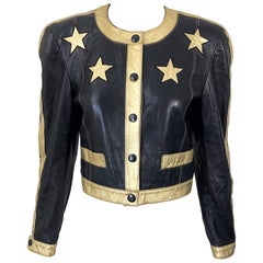 Documented Escada 1990s Black + Gold Leather Stars Vintage 90s Cropped Jacket