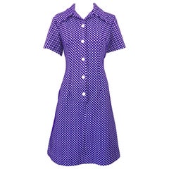 Chic 1960s Purple + White Polka Dot Vintage 60s A Line Knit Shirt Dress
