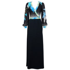 Leonard vintage 1970s signed bleu flower top 100% black silk jersey maxi dress