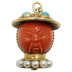 18kt Gold, Blood Coral, Turquoise & Pearl Carved Asian Face Pendant/Charm