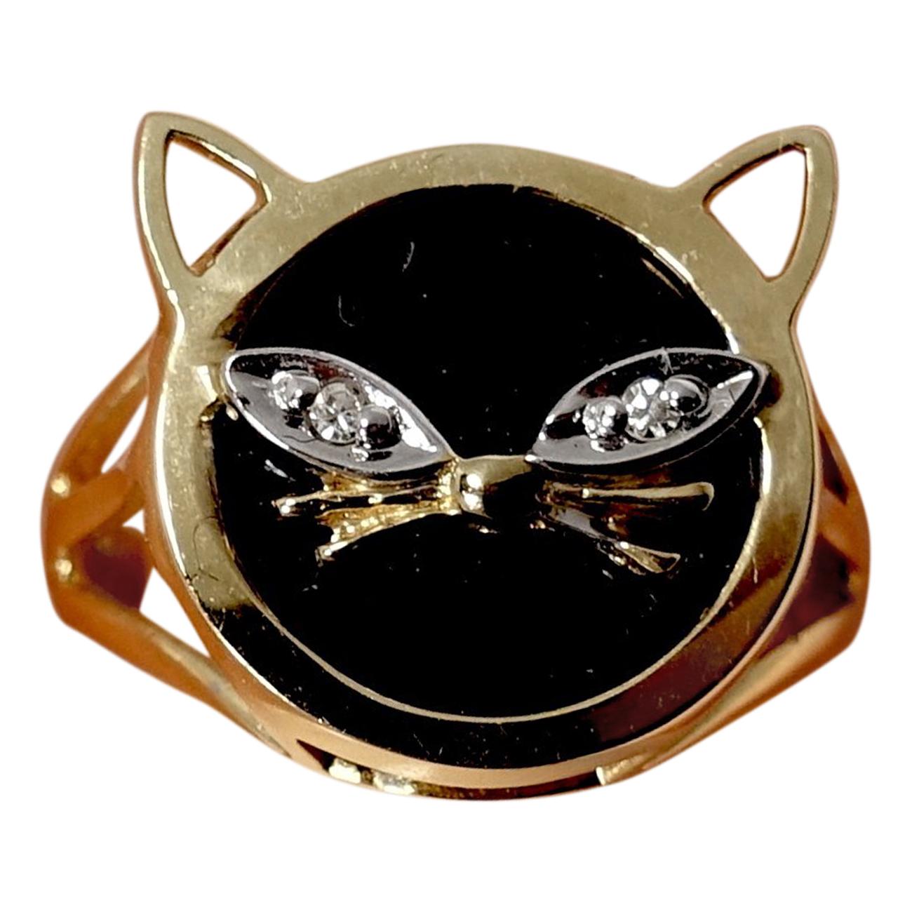 Diamonds, Onyx & 14kt Gold Cat Ring, Sz 6.25