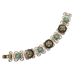 Vintage Faux Turquoise, Onyx & Pearl Gold Tone Bracelet