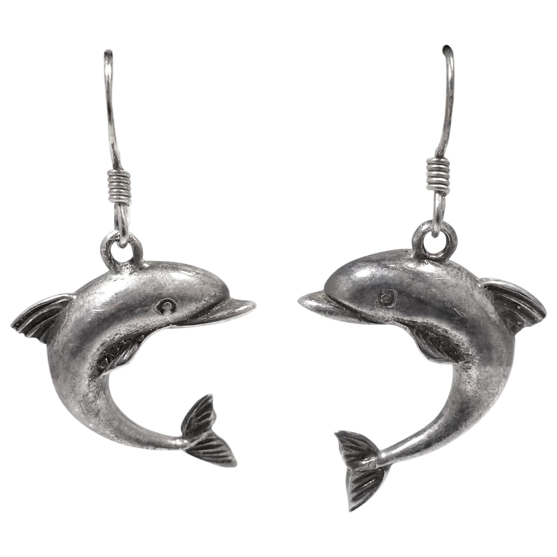Vintage Sterling Silver Dolphin Pierced Earrings