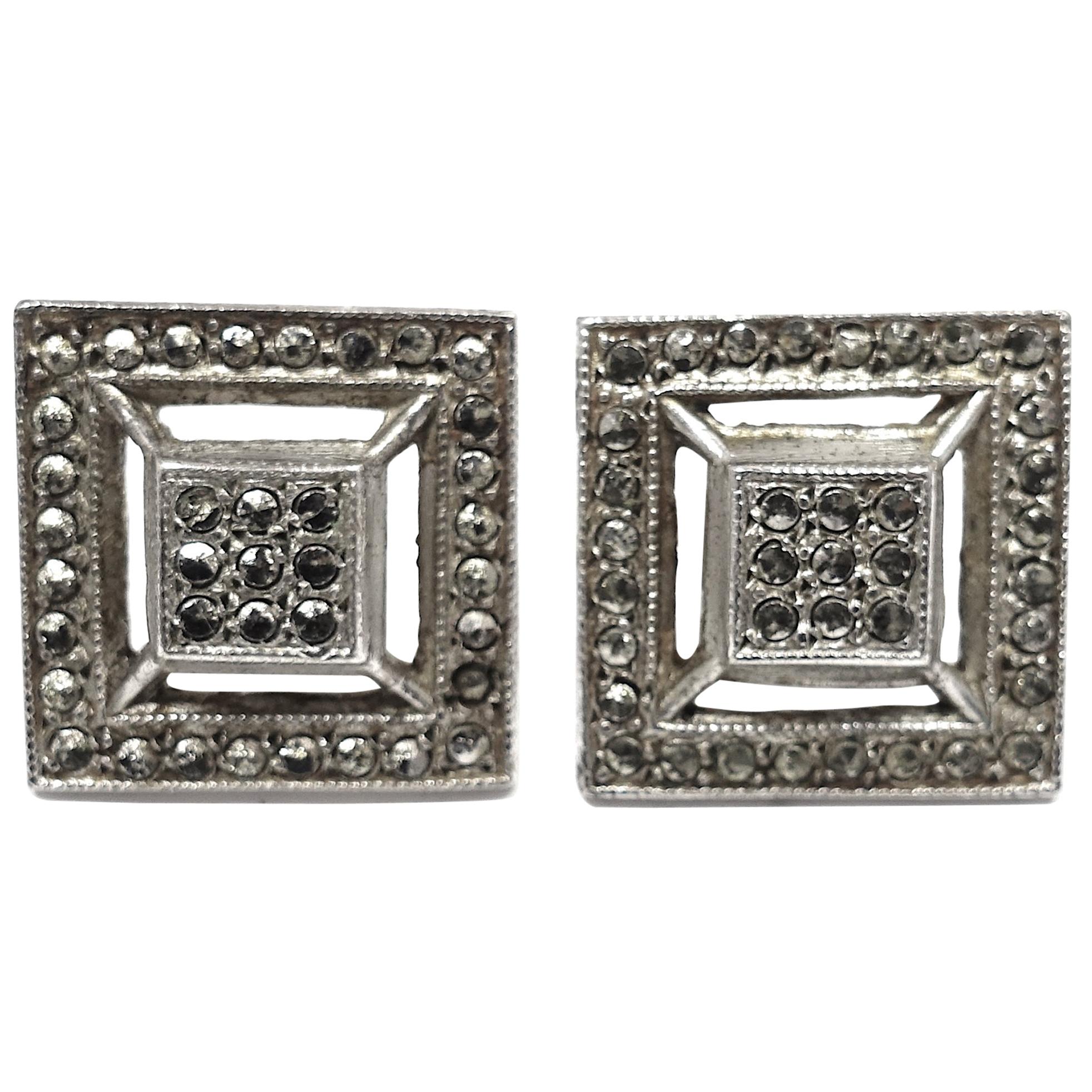 Vintage Marcasite & Sterling Silver Pierced Earrings For Sale