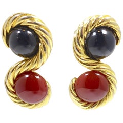 Vintage Faux Carnelian & Blue Stone Gold Tone Earrings