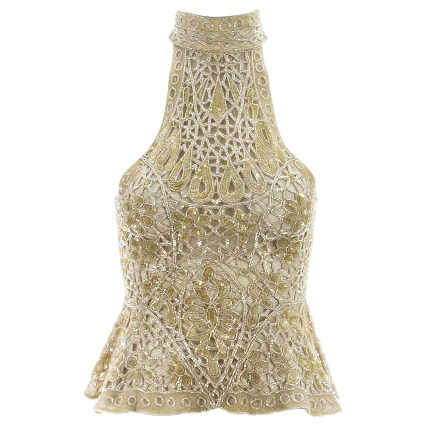 Eavis & Brown ivory beaded and sequin net halter neck evening blouse, c. 1990s