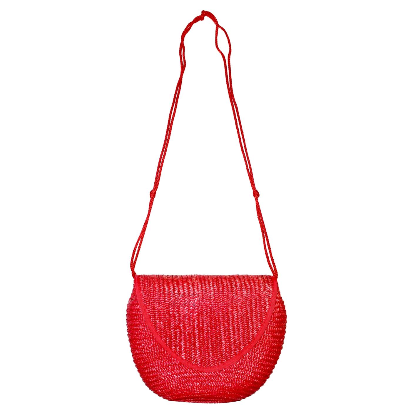 Raspberry Red Vintage Straw Crossbody Bag or Clutch Italy 1980s For