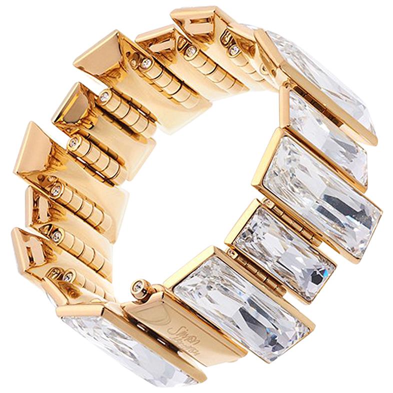 Simon Harrison Panther Baguette Crystal Gold Plated Stainless Steel Bracelet For Sale