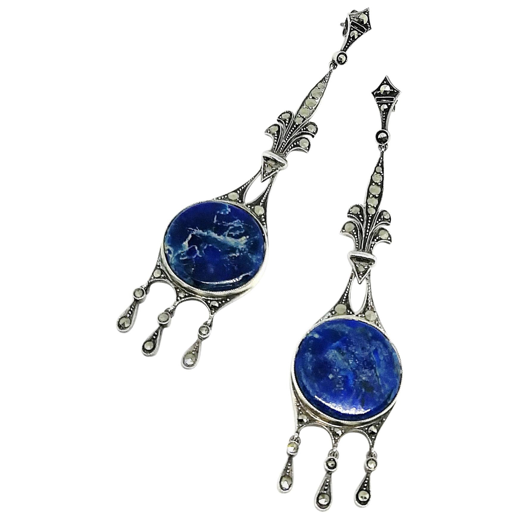 Very long sodalite, marcasite and sterling silver drop earrings, France, 1920s