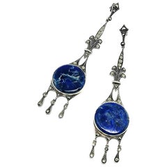 Orecchini a goccia molto lunghi in sodalite, marcasite e argento, Francia, anni '20