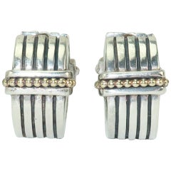 C.1990 Steven Lagos Sterling Silver & 18K Gold Huggie Hoop Caviar Earrings