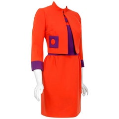 1965 Leondaca Couture Red-Orange & Purple Op-Art Wool Mod Mini Dress w/ Jacket 