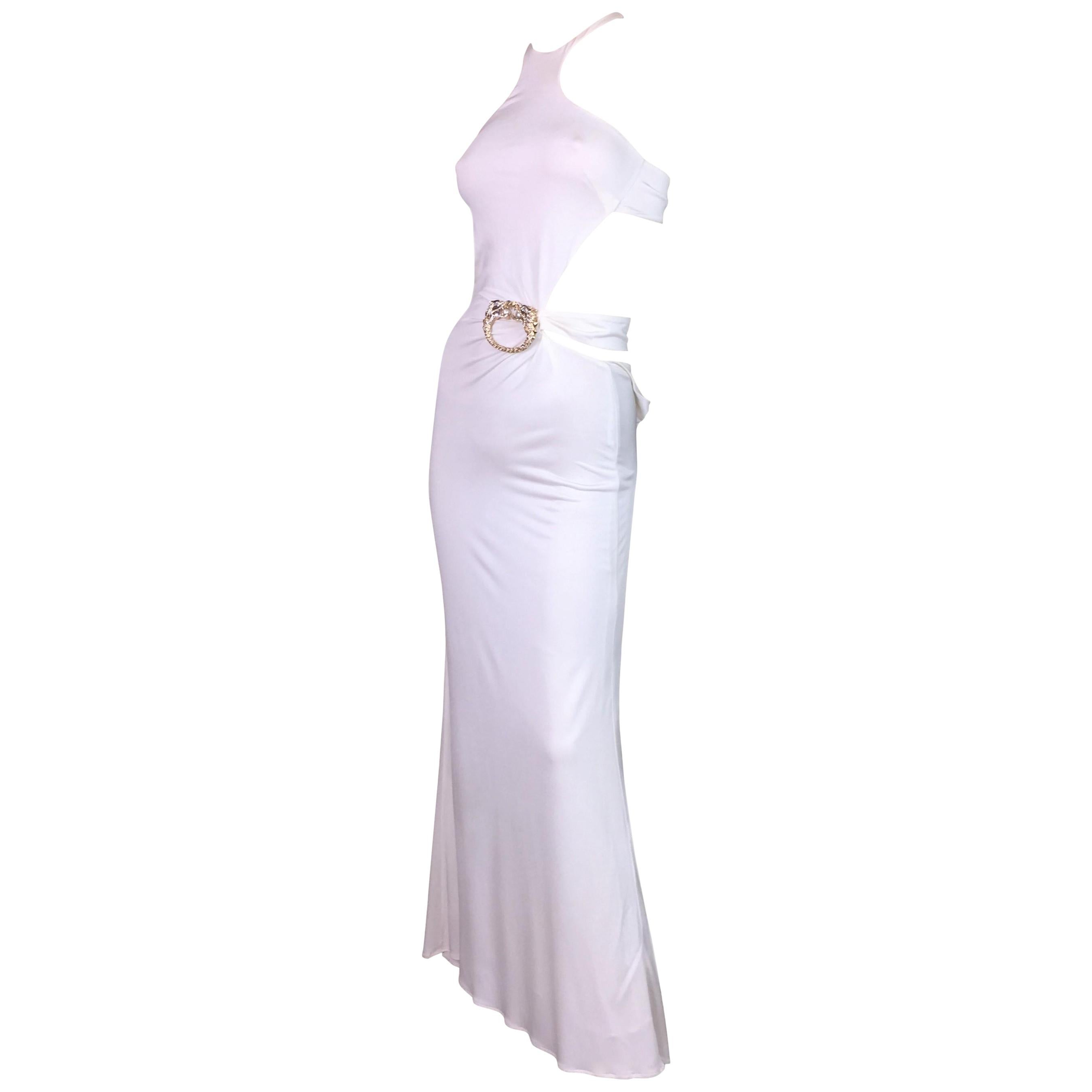 F/W 2004 Gucci Tom Ford Runway White Cut-Out Dragon Brooch Gown Dress
