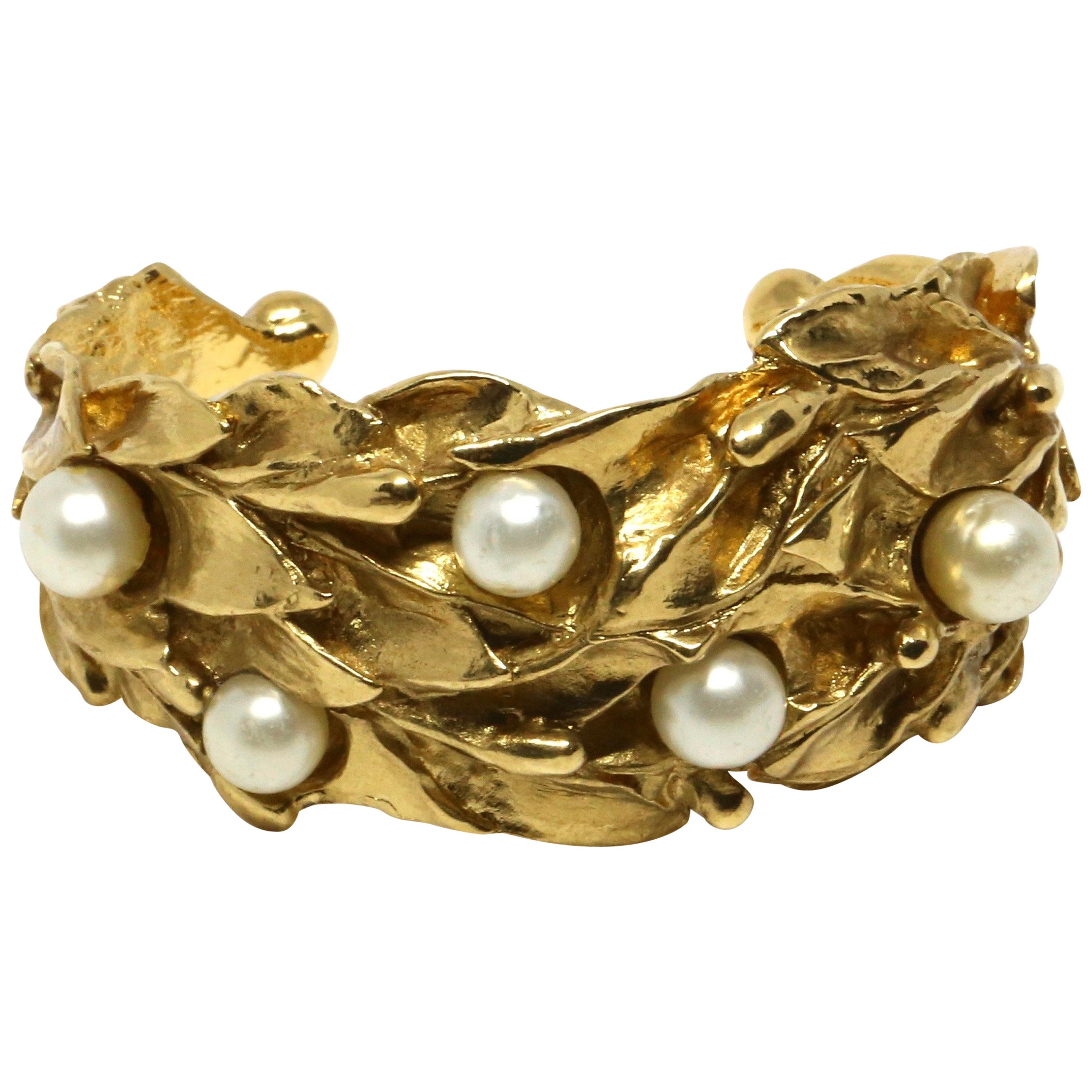 1980's YVES SAINT LAURENT organic leaf cuff with pearls