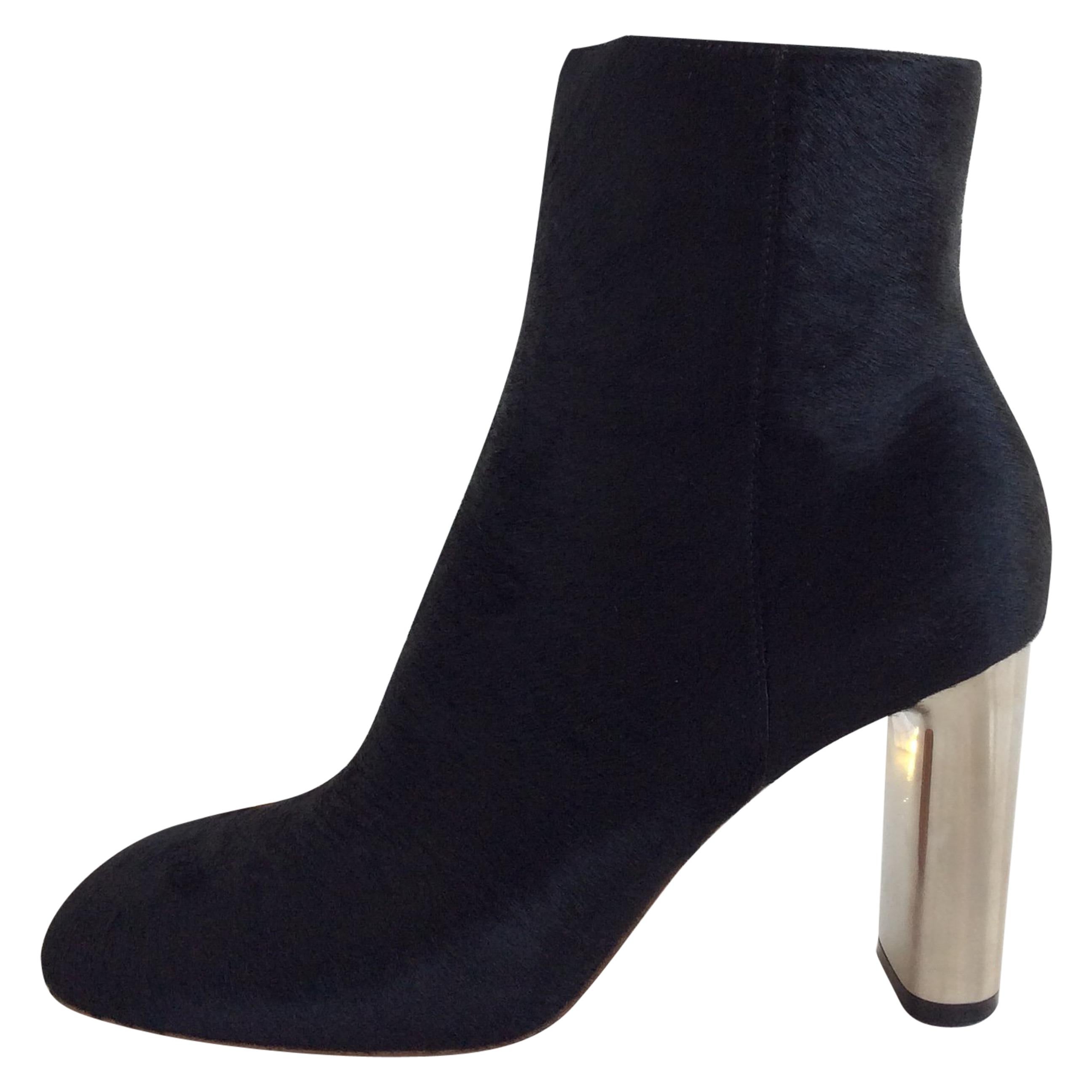 Celine Black Calf Hair Ankle Boot With Silver Metal Heel, 37.5 For Sale