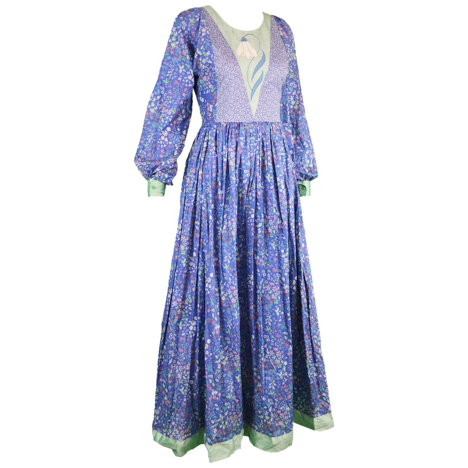 Vintage Floral Print Cotton & Green Silk Shantung Patchwork Maxi Dress, 1970s