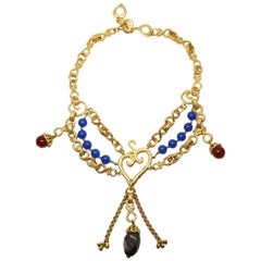 1990's YVES SAINT LAURENT layered gilt necklace with polished gemstones