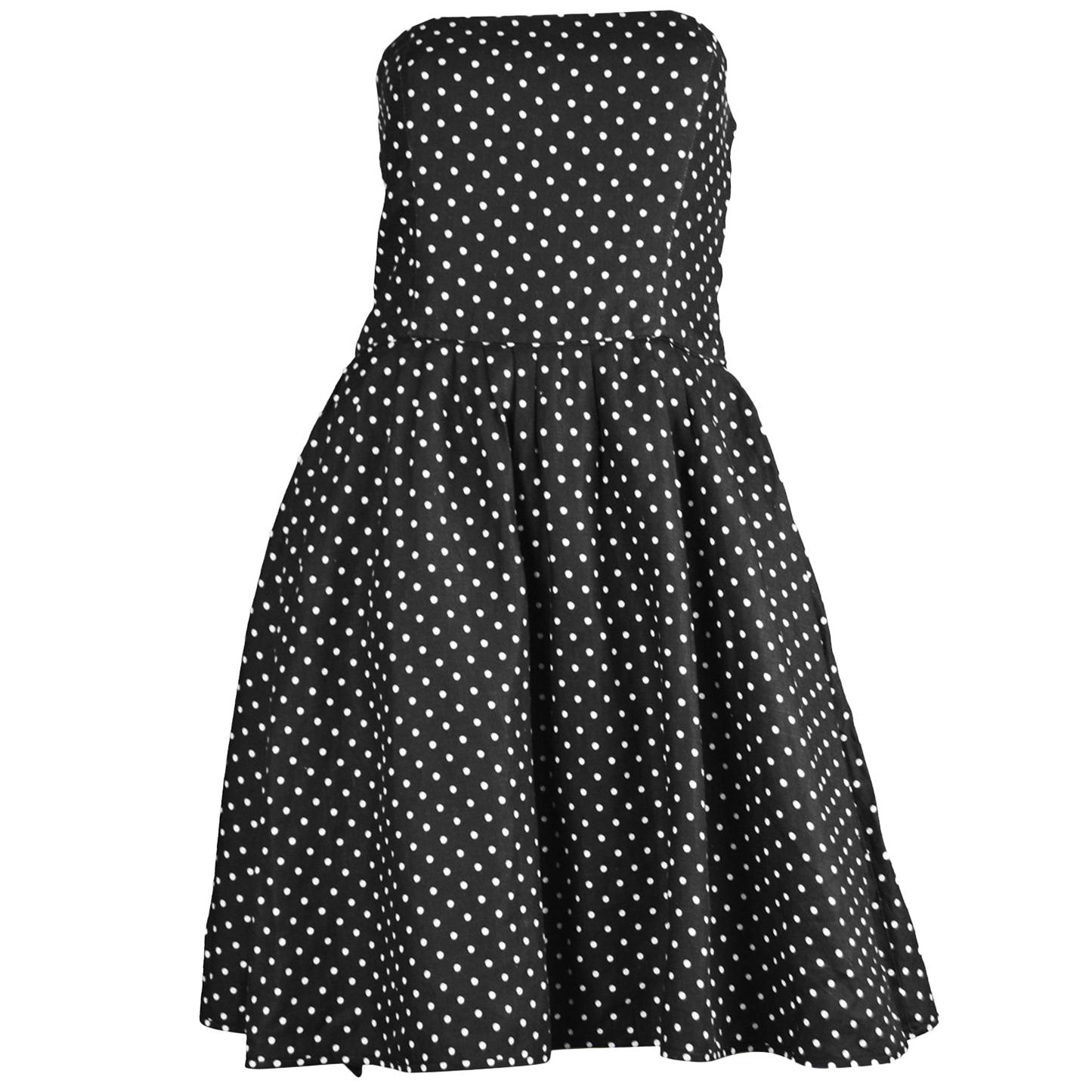 Valentino Vintage Black Polka Dot Linen Strapless Flared Skirt Dress, 1980s
