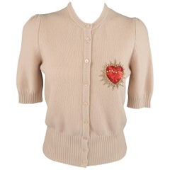 DOLCE & GABBANA Size 4 Pink Virgin Wool Short Sleeve Heart Cardigan