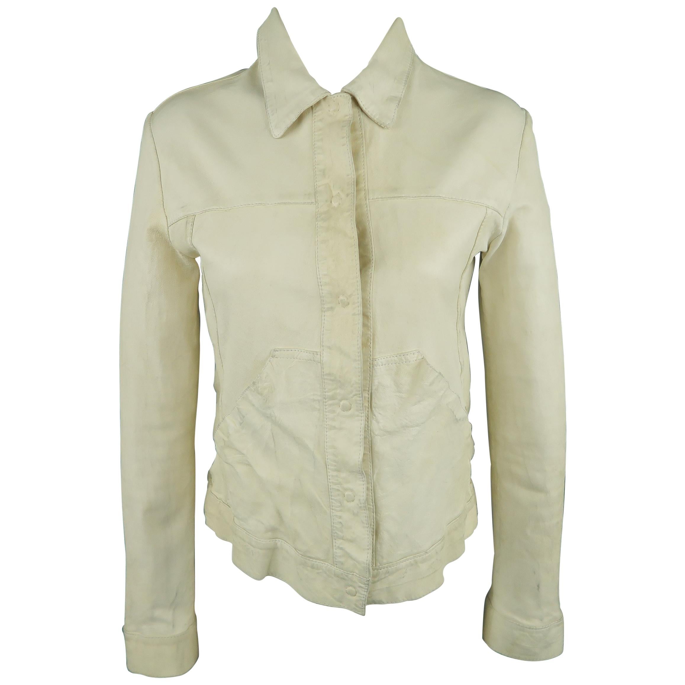 GIORGIO BRATO 38 Taupe Distressed Leather and Silk High Collar Jacket ...